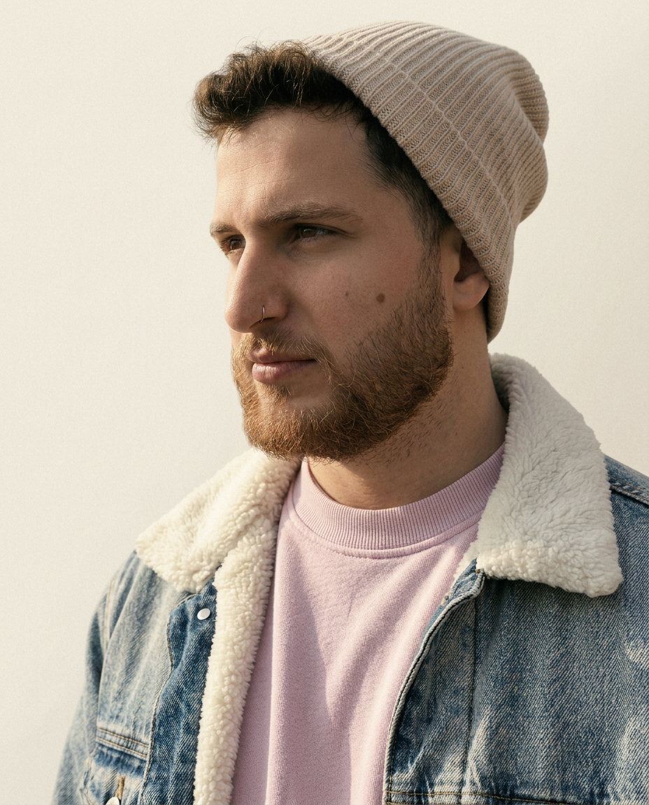 Editorial portrait of the designer — sculptural studio crop