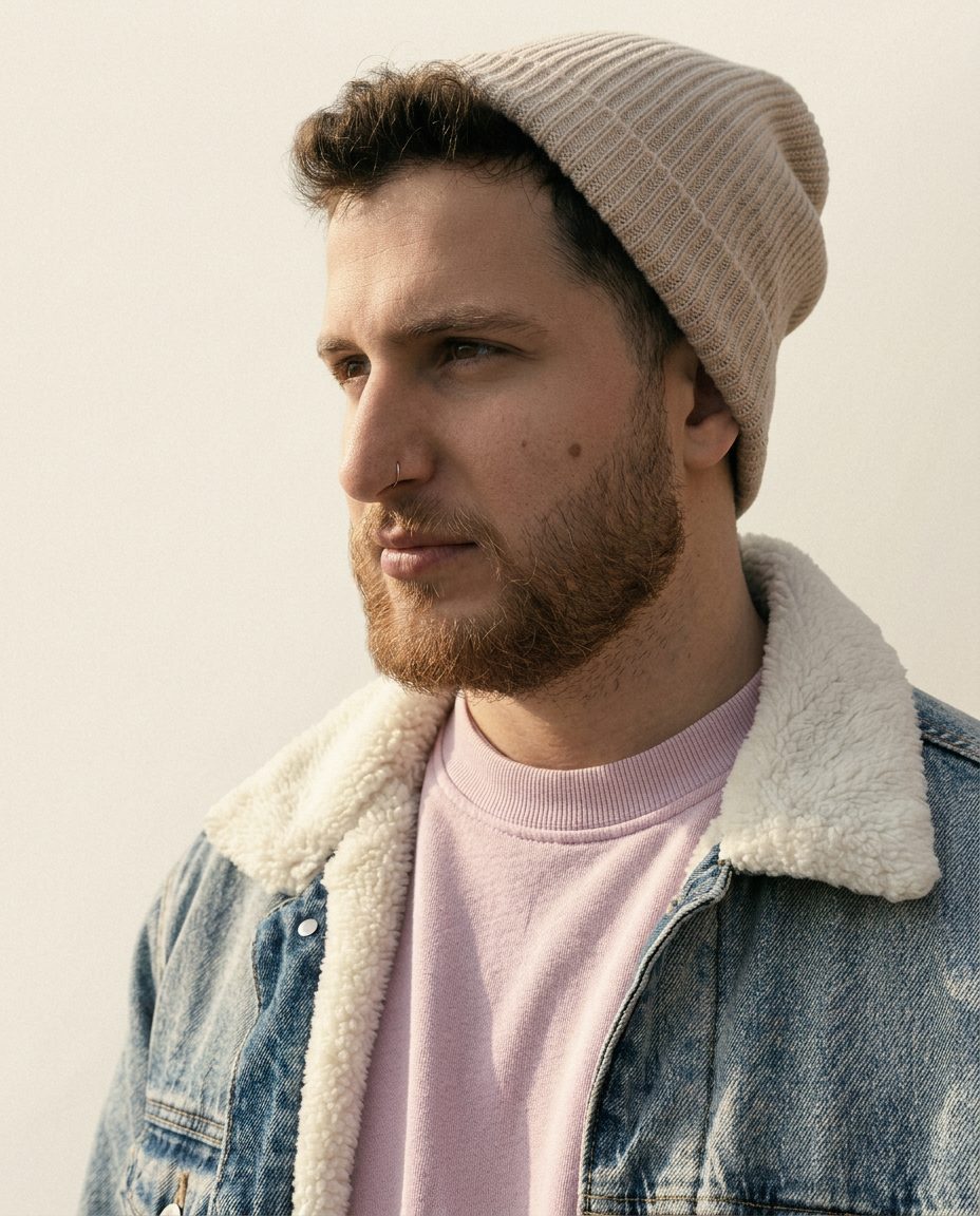 Editorial portrait of the designer — sculptural studio crop